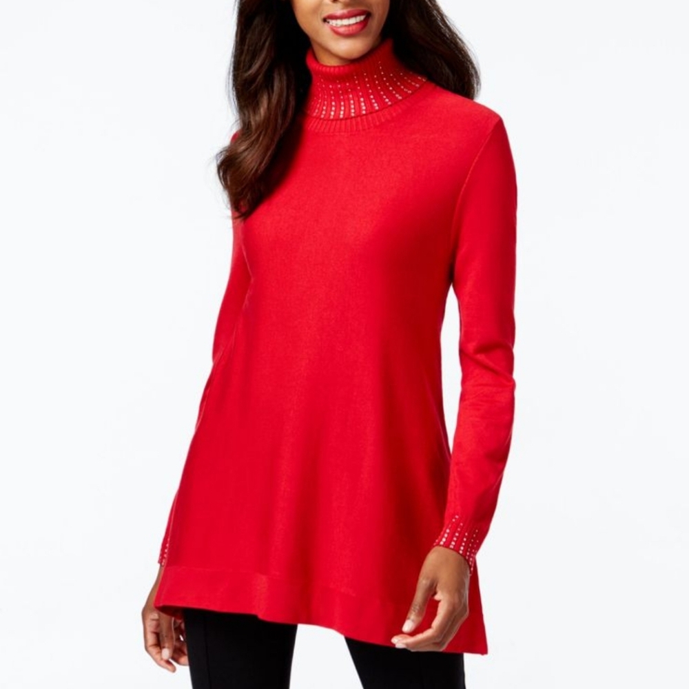 Bedazzled Red Alfani Turtleneck Sweater Top